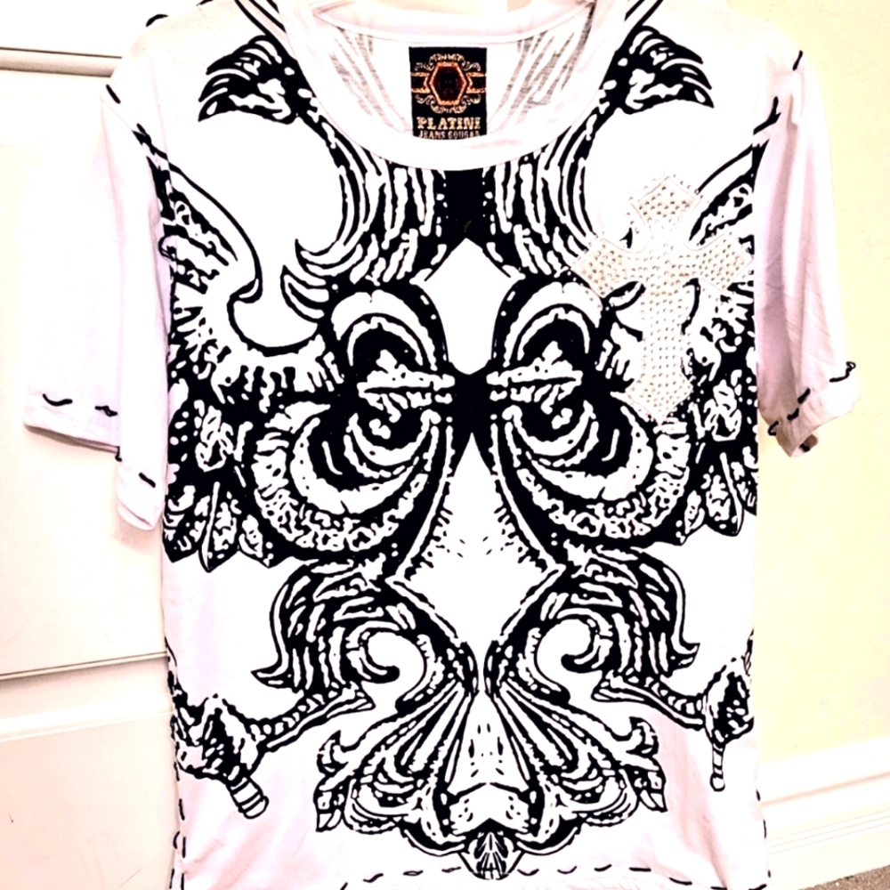 Platini Jeans Cougar Men's Black and White - NO PINK!! Embellished T-Shirt